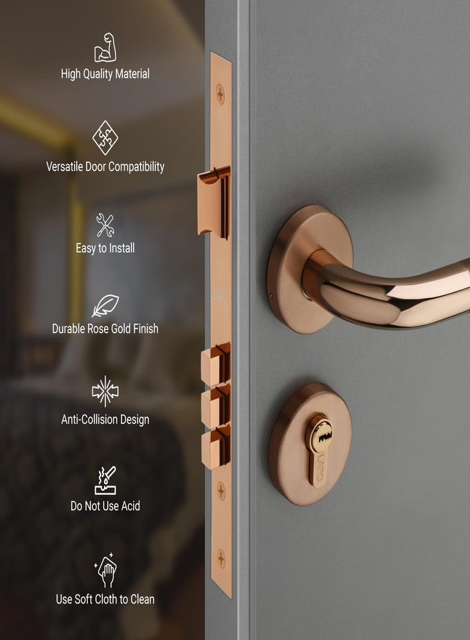 LAPO Heavy Duty Entry Locks for Main Door&Bedroom, Durable Mortise Lock for Home and Office, Cylindrical Handlesets, Brass Key for Home, PVD Rose Gold Finish, 3 Years Warranty CMH-4RC - Image 5
